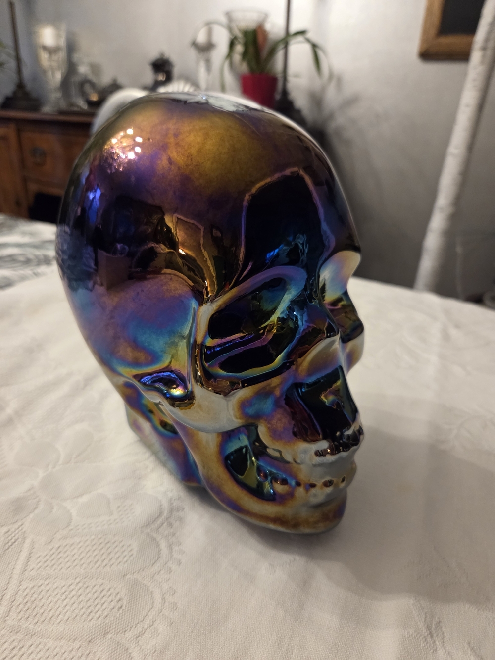 Large iridescent ceramic skull